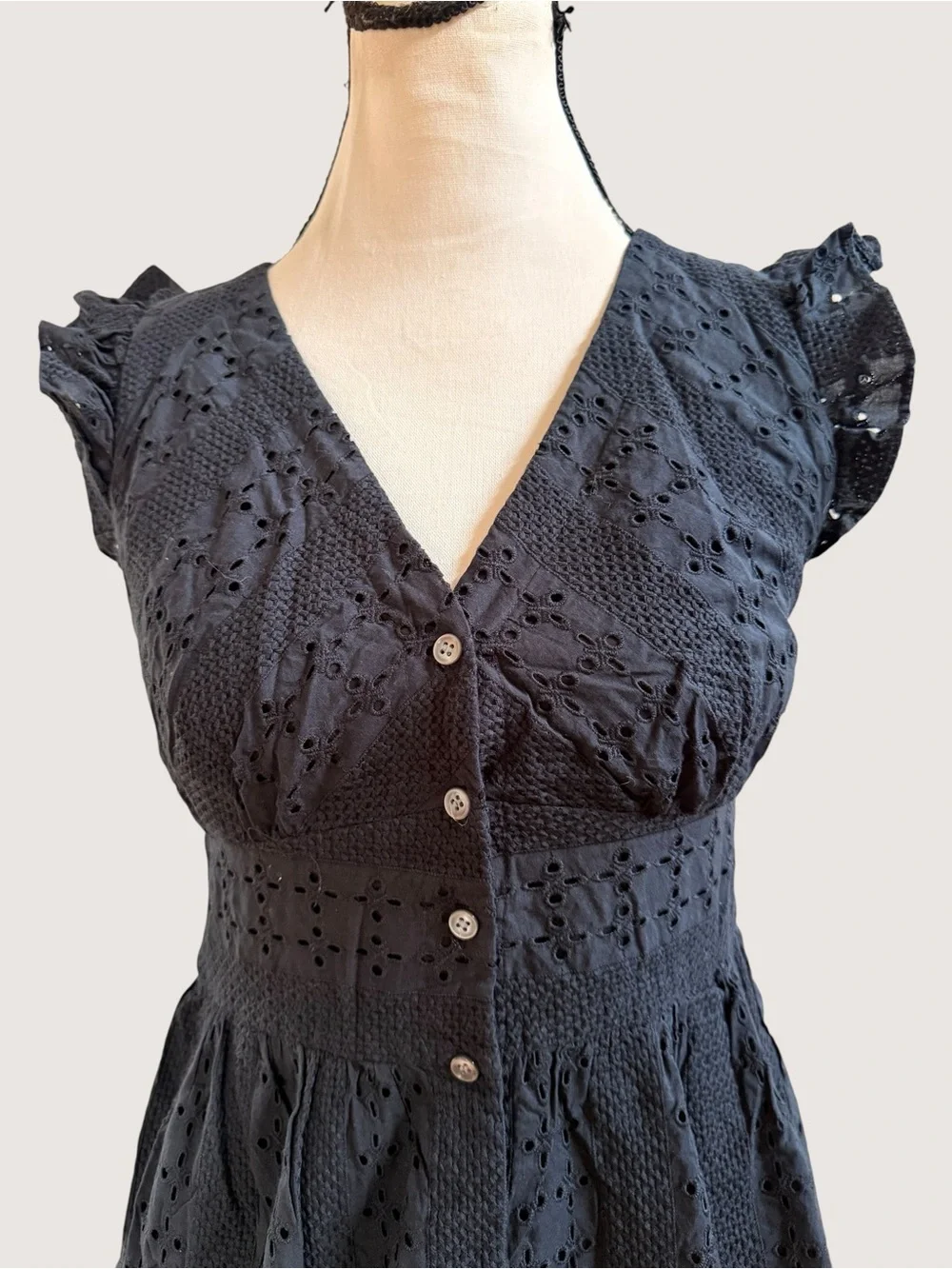 J Crew black lace eyelet button up midi dress